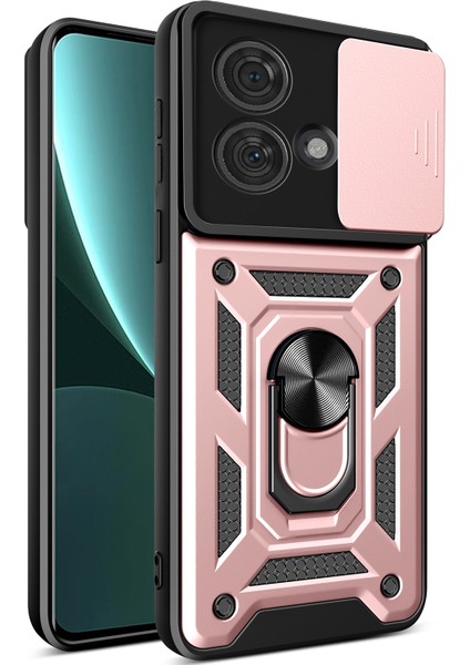 Motorola Edge 40 Neo Için Halka Ayaklı ve Kayar Kamera Kapaklı Telefon Kılıf - Rose Gold (Yurt Dışından)