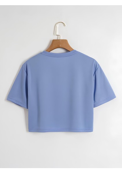 Kadın Oversize Bisiklet Yaka Düz Crop T-shirt - MAVİ fiyatları