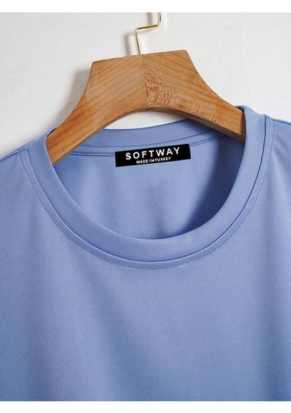 Kadın Oversize Bisiklet Yaka Düz Crop T-shirt - MAVİ indirimleri