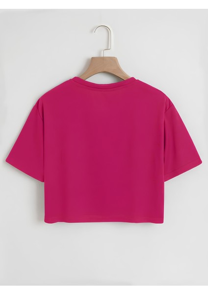 Kadın Oversize Bisiklet Yaka Düz Crop T-Shirt - Fuşya fiyatları
