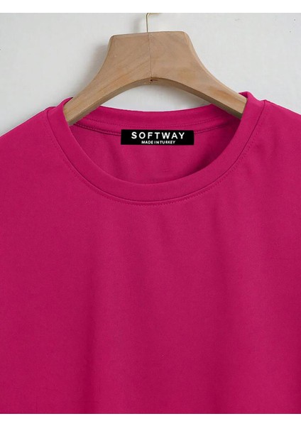 Kadın Oversize Bisiklet Yaka Düz Crop T-Shirt - Fuşya indirimleri