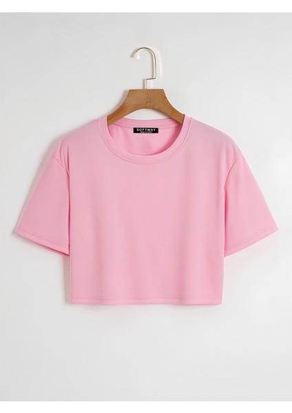 Kadın Oversize Bisiklet Yaka Düz Crop T-Shirt - Pembe