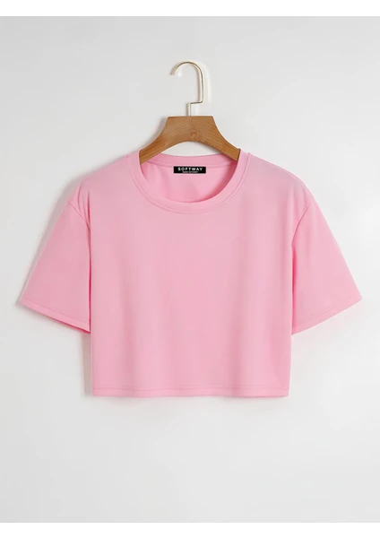 Kadın Oversize Bisiklet Yaka Düz Crop T-Shirt - Pembe