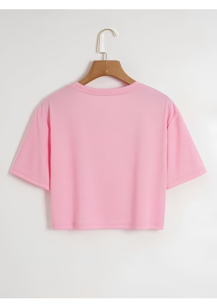 Kadın Oversize Bisiklet Yaka Düz Crop T-Shirt - Pembe