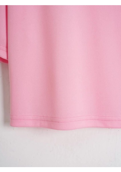 Kadın Oversize Bisiklet Yaka Düz Crop T-Shirt - Pembe