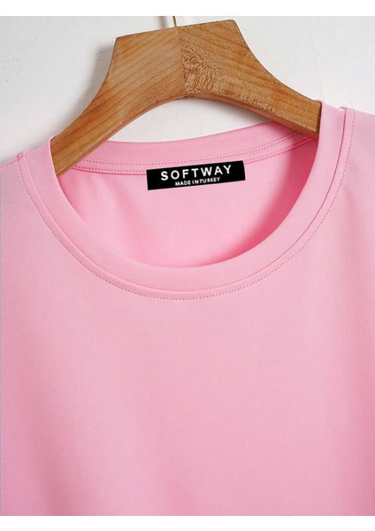 Kadın Oversize Bisiklet Yaka Düz Crop T-Shirt - Pembe