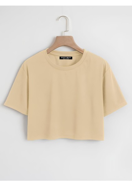 Kadın Oversize Bisiklet Yaka Düz Crop T-Shirt - Bej
