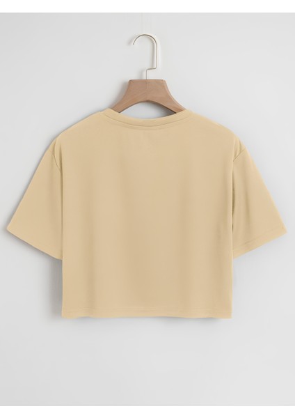 Kadın Oversize Bisiklet Yaka Düz Crop T-Shirt - Bej