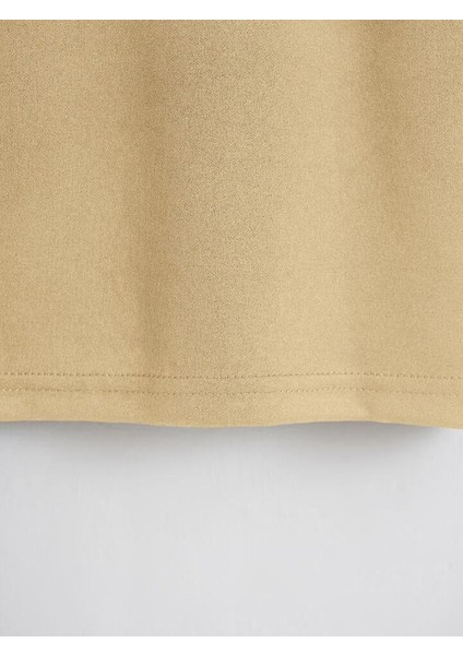 Kadın Oversize Bisiklet Yaka Düz Crop T-Shirt - Bej