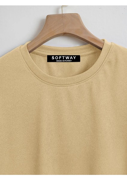 Kadın Oversize Bisiklet Yaka Düz Crop T-Shirt - Bej