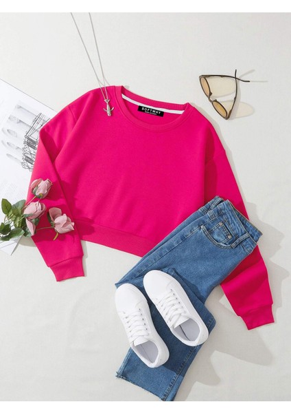 Kadın Basic Crop Içi Polarlı Oversize Sweatshirt - Fuşya