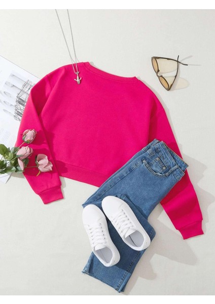 Kadın Basic Crop Içi Polarlı Oversize Sweatshirt - Fuşya