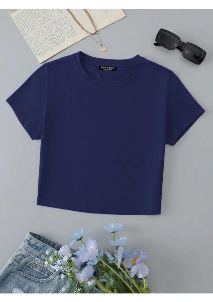 Kadın Kısa Kollu Basic Dar Kalıp Crop T-Shirt - Indigo