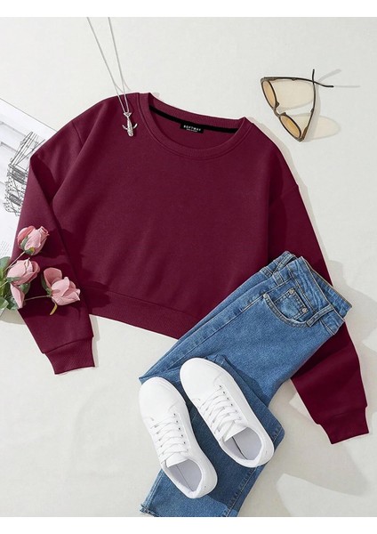 Kadın Basic Crop Içi Polarlı Oversize Sweatshirt - Bordo