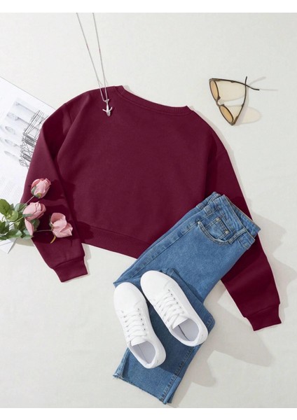 Kadın Basic Crop Içi Polarlı Oversize Sweatshirt - Bordo