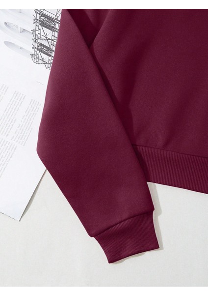 Kadın Basic Crop Içi Polarlı Oversize Sweatshirt - Bordo