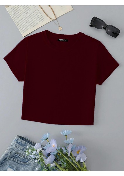 Kadın Kısa Kollu Basic Dar Kalıp Crop T-Shirt - Bordo