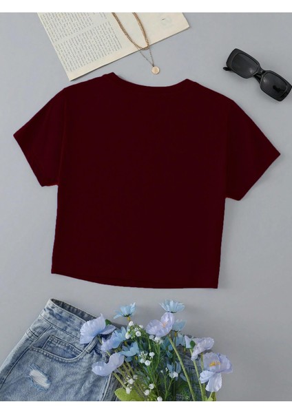 Kadın Kısa Kollu Basic Dar Kalıp Crop T-Shirt - Bordo