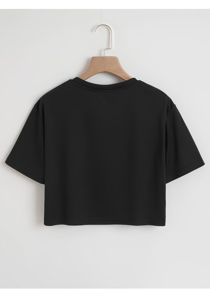 Kadın Oversize Bisiklet Yaka Düz Crop T-Shirt - Siyah fiyatları