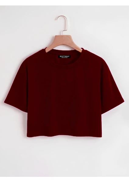 Kadın Oversize Bisiklet Yaka Düz Crop T-Shirt - Bordo