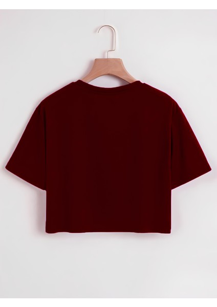 Kadın Oversize Bisiklet Yaka Düz Crop T-Shirt - Bordo