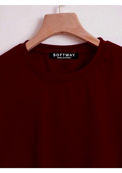 Kadın Oversize Bisiklet Yaka Düz Crop T-Shirt - Bordo