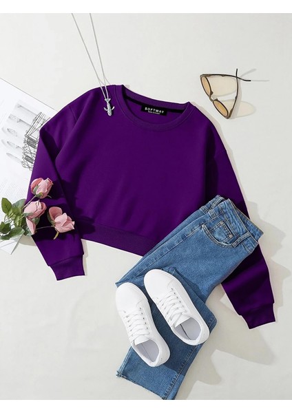 Kadın Basic Crop Içi Polarlı Oversize Sweatshirt - Mor