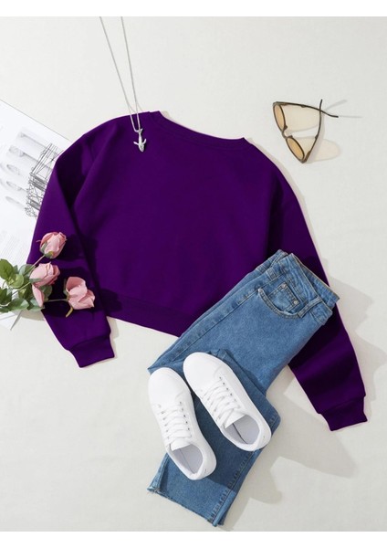 Kadın Basic Crop Içi Polarlı Oversize Sweatshirt - Mor