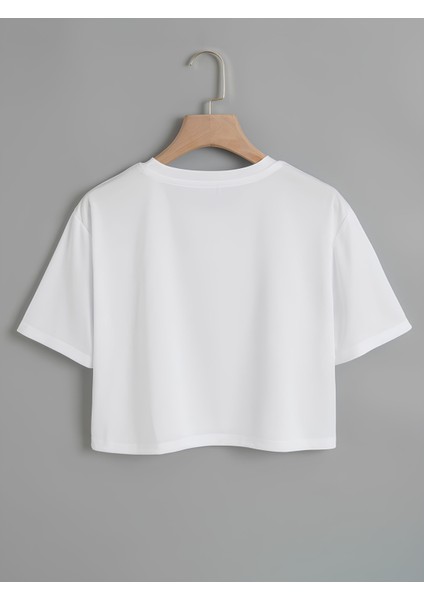Kadın Oversize Bisiklet Yaka Düz Crop T-Shirt - Beyaz fiyatları