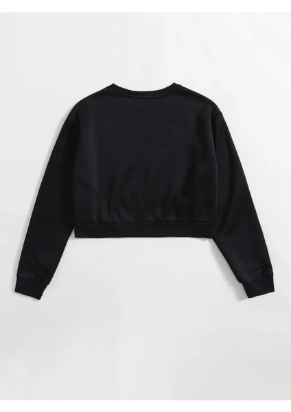 Kadın Basic Crop Içi Polarlı Oversize Sweatshirt - Siyah