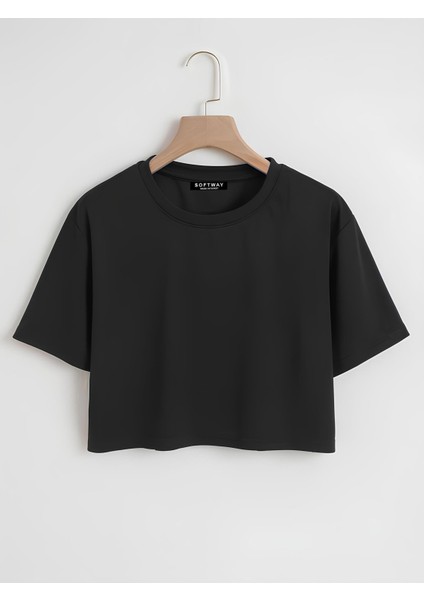 Kadın Oversize Bisiklet Yaka Düz Crop T-Shirt - Siyah