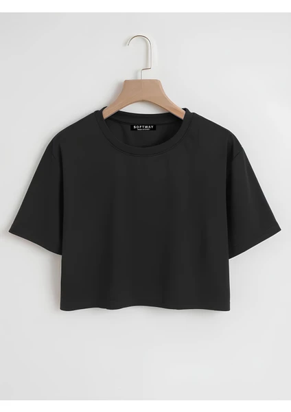 Kadın Oversize Bisiklet Yaka Düz Crop T-Shirt - Siyah