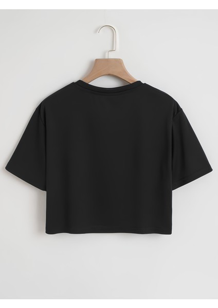 Kadın Oversize Bisiklet Yaka Düz Crop T-Shirt - Siyah