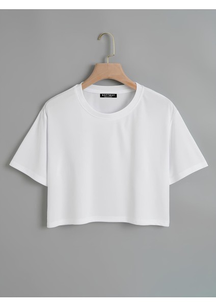 Kadın Oversize Bisiklet Yaka Düz Crop T-Shirt - Beyaz