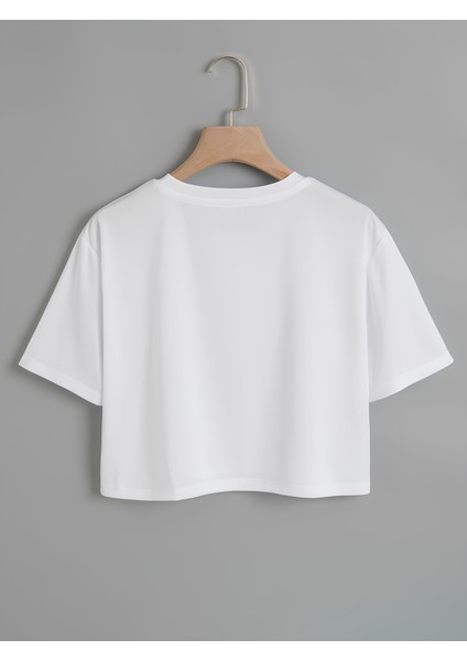 Kadın Oversize Bisiklet Yaka Düz Crop T-Shirt - Beyaz