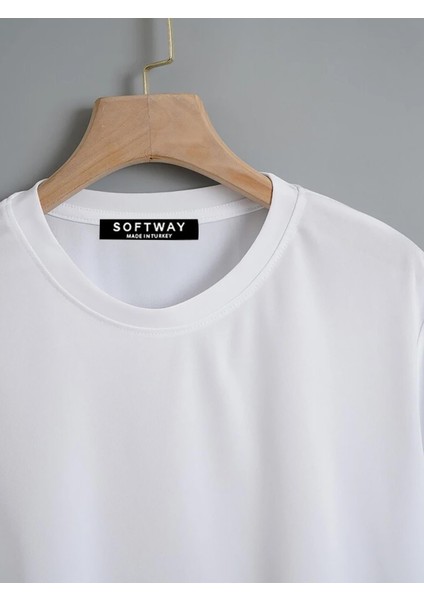 Kadın Oversize Bisiklet Yaka Düz Crop T-Shirt - Beyaz