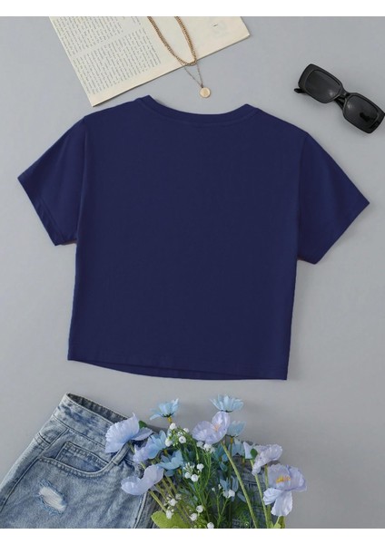 Kadın Kısa Kollu Basic Dar Kalıp Crop T-Shirt - Indigo