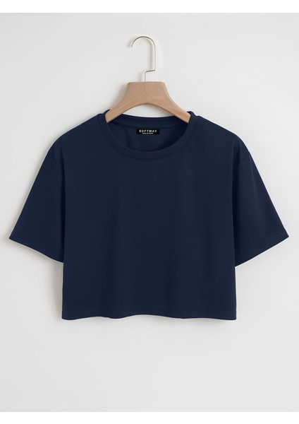 Kadın Oversize Bisiklet Yaka Düz Crop T-Shirt - Lacivert