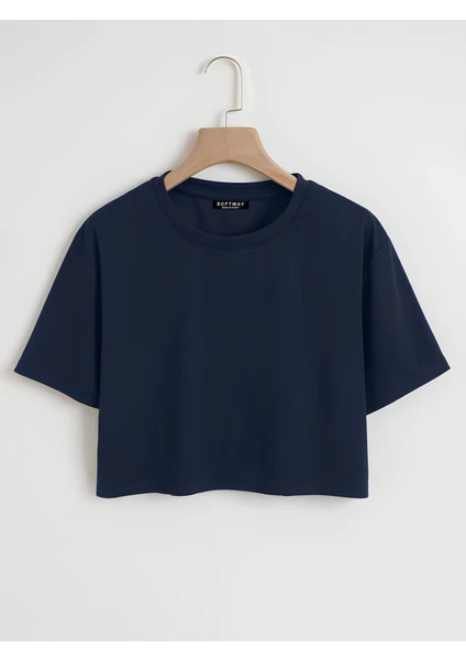 Kadın Oversize Bisiklet Yaka Düz Crop T-Shirt - Lacivert