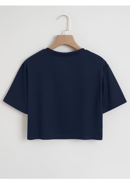 Kadın Oversize Bisiklet Yaka Düz Crop T-Shirt - Lacivert