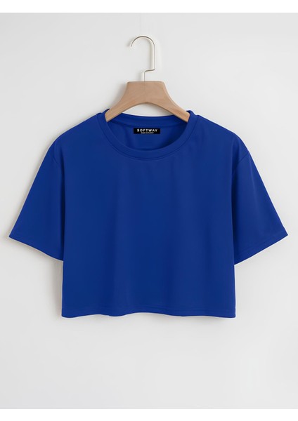 Kadın Oversize Bisiklet Yaka Düz Crop T-Shirt - Saks Mavisi