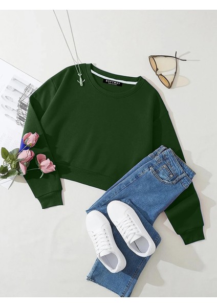 Kadın Basic Crop Içi Polarlı Oversize Sweatshirt - Yeşil