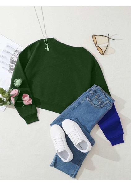 Kadın Basic Crop Içi Polarlı Oversize Sweatshirt - Yeşil