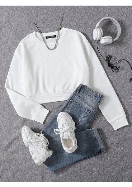 Kadın Basic Crop Içi Polarlı Oversize Sweatshirt - Ekru