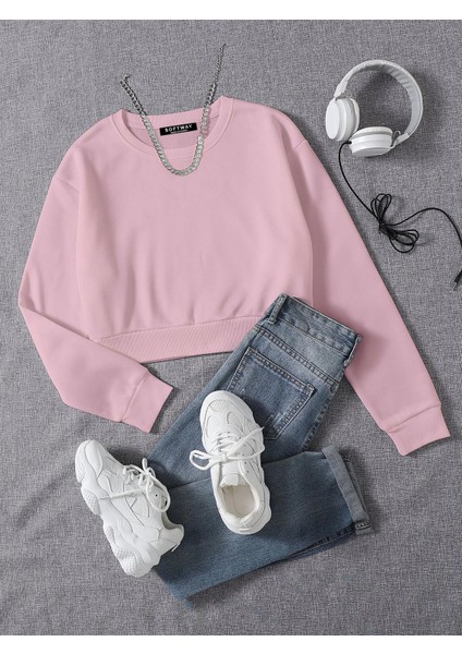 Kadın Basic Crop Içi Polarlı Oversize Sweatshirt - Pembe