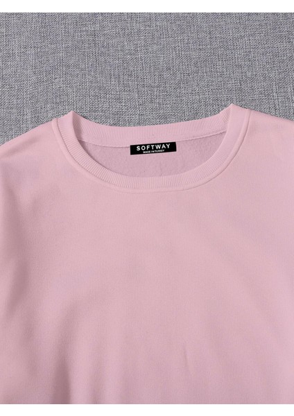 Kadın Basic Crop Içi Polarlı Oversize Sweatshirt - Pembe