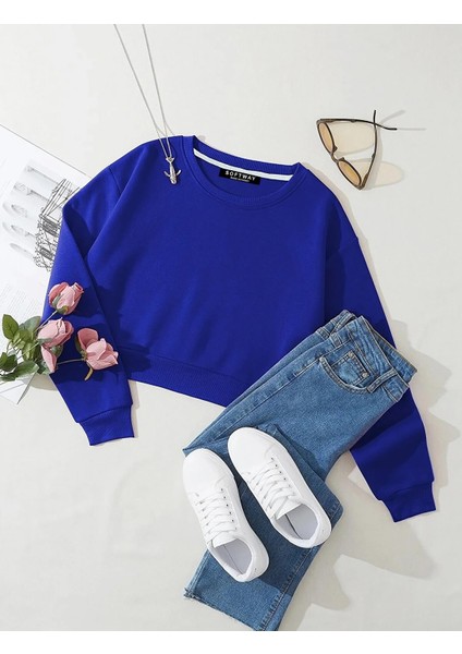 Kadın Basic Crop Içi Polarlı Oversize Sweatshirt - Saks Mavisi