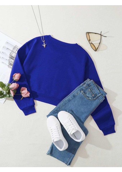 Kadın Basic Crop Içi Polarlı Oversize Sweatshirt - Saks Mavisi