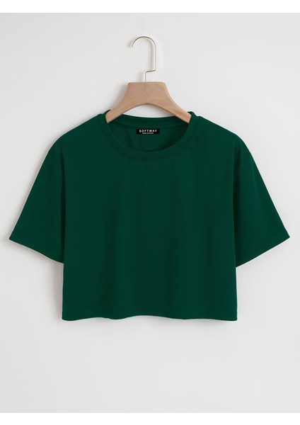 Kadın Oversize Bisiklet Yaka Düz Crop T-Shirt - Yeşil