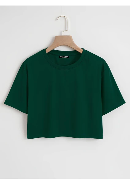 Kadın Oversize Bisiklet Yaka Düz Crop T-Shirt - Yeşil